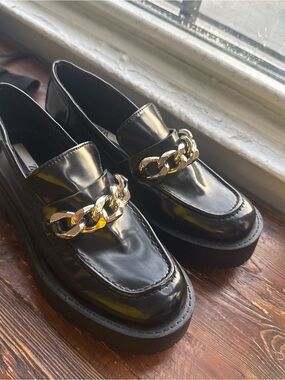 Zara Black Patent Loafers with Gold Chain Detail